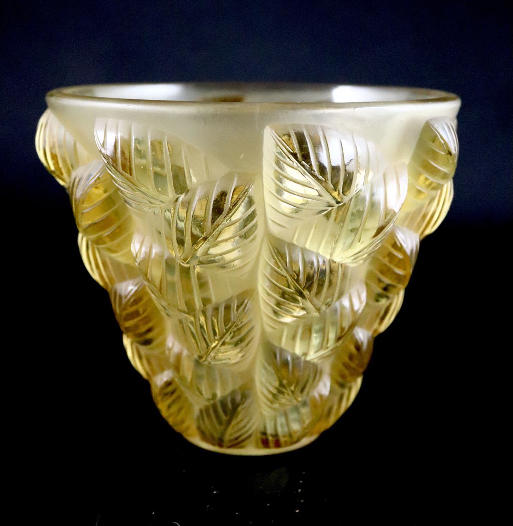 René Lalique. A pre-war topaz glass Moissac pattern vase, no.992, designed in 1927, 13cm high